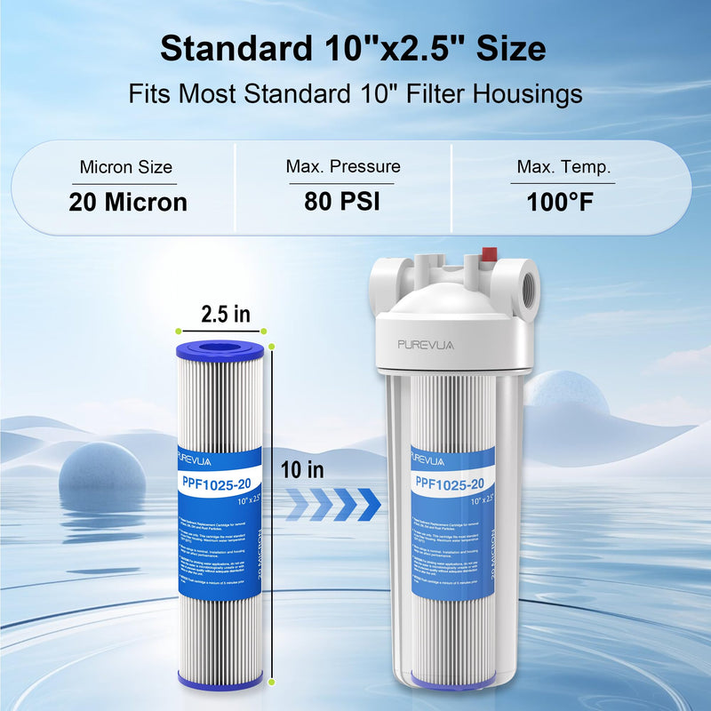 6-Pack 20 Micron Pleated Water Filter Cartridge, 10" x 2.5" Washable & Reusable PET Sediment Filter for Well Water & Whole House Pre-Filter, Compatible with WFPFC3002, WHKF-WHPL, AO-WH-PRE-RP2 6 Count (Pack of 1)