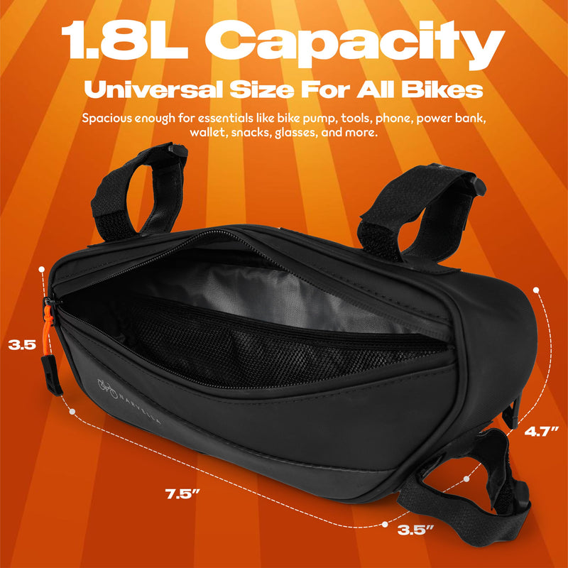 1.8L Bike Bicycle Frame Storage Bag with Tire pump & Bike Repair Kit – Waterproof Triangle Cycling Pouch with Pockets for Wallet, Phone, Tools, Keys for Adult Bikes, Mountain Bike, MTB Bike Frame Bag