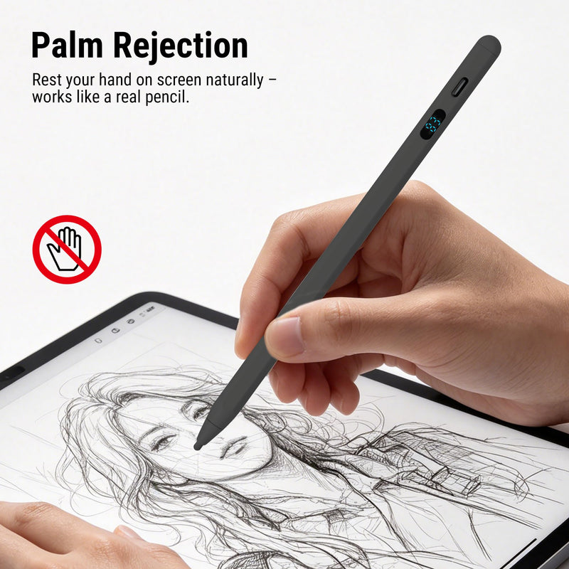 2-in-1 Stylus with LED Display | dual-mode active + capacitive, palm rejection, tilt, USB-C fast charge, no Bluetooth, 3 tips, for iPad iPhone Samsung Switch Black