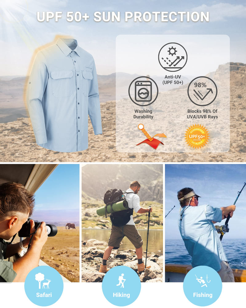 Outdoor Ventures Men's UPF 50+ UV Sun Protection Shirt, Long Sleeve Hiking Fishing Shirt Cooling Quick Dry for Safari Travel Light Blue X-Large