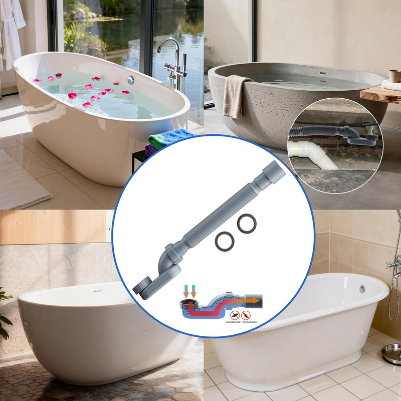 Flexible Freestanding Tub Drain Kit, Low Profile Flat P Trap for 1 1/2" Bathtub & Shower Drain Pipe, Easy Install, Fits Freestanding Bath Tubs, PVC Drain Hose Included