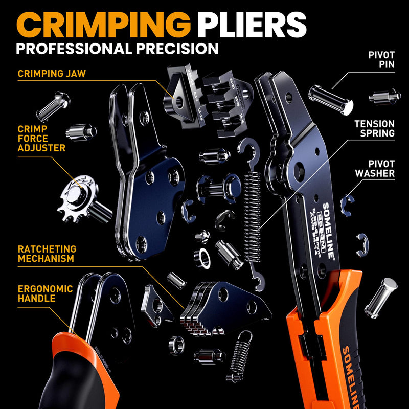 SOMELINE Spade Terminal Crimping Tool Kit AWG 24-14, 24 Types 2.8/3.9/4.8/6.3 mm Male & Female Quick Disconnect Non-Insulated Connectors - Open Barrel Crimping Tool 24 Types - A