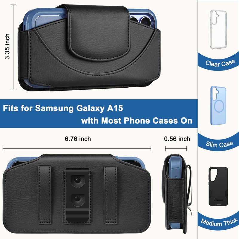 Phone Holster for Samsung Galaxy A15 Leather Cell Phone Belt Holder Case with Metal Clip and Magnetic Closure for Men Women (Fits Protective Cover on), Black