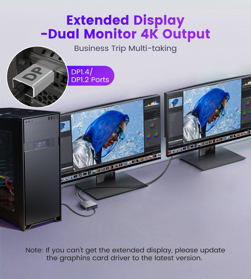 Display Port Splitter for Dual Monitors, Extended Display for Windows, Dual 4K@60Hz Displayport Splitter 1 in 2 Out, Single 4K@120Hz, DP 1.4 MST Hub Compatible with PC, Laptop, Graphics Card Gray