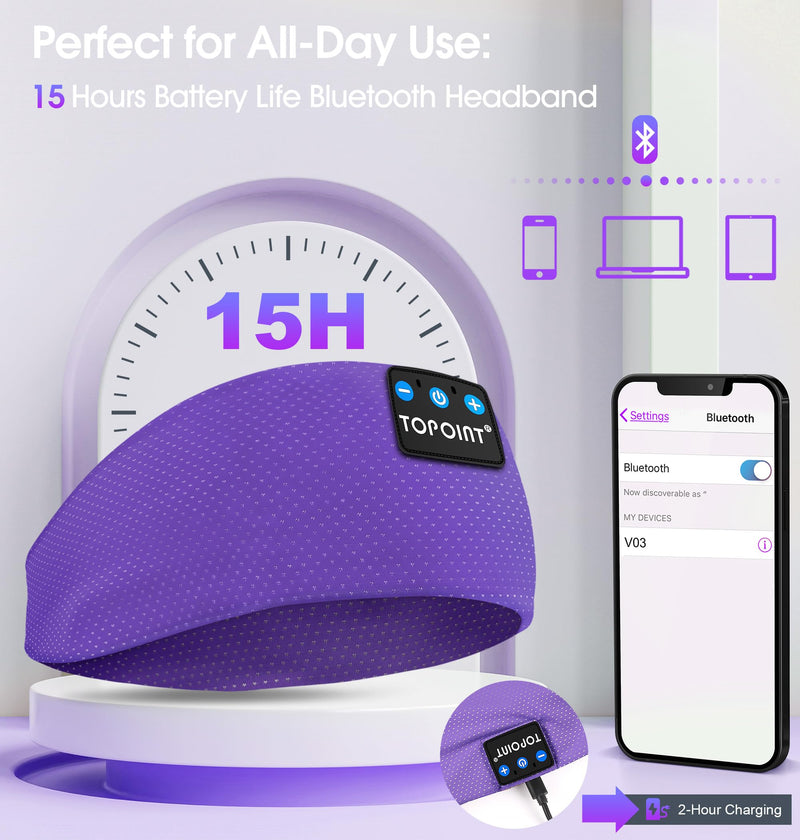 TOPOINT Sleep Headphones Bluetooth 5.4, Sports Wireless Earphones Sweat Breathable with HD Stereo Speaker for Women Men Sports Gifts Workout Jogging Yoga Insomnia Travel Meditation Purple