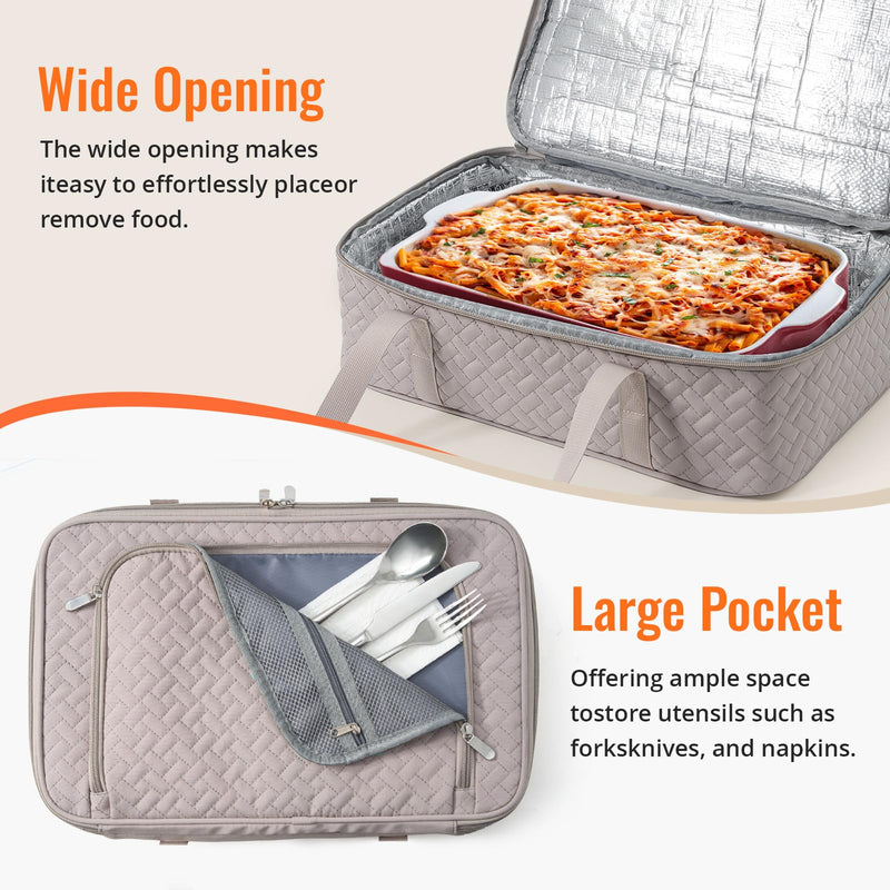 Insulated Casserole Carrier - Portable Casserole Carrier for Hot or Cold Food, Lasagna Holder for Parties,Picnic,Cookouts,Traveling - Fits 9" x 13" Baking Dish (Grey) Grey 16*10*4inch