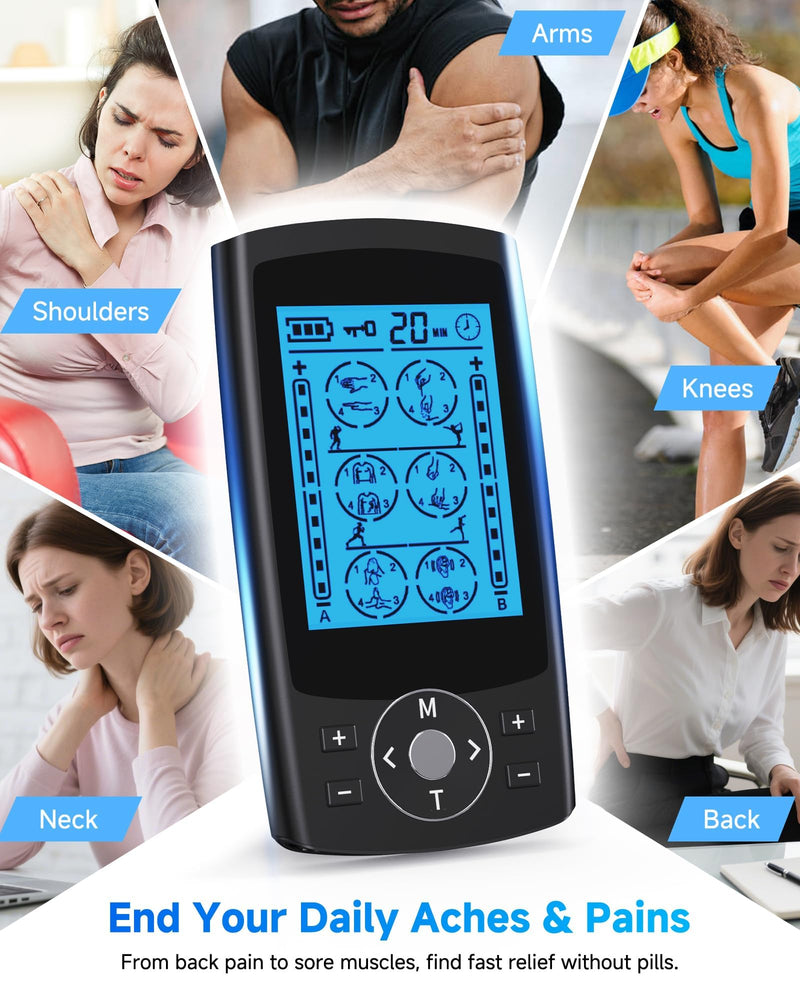 TENS Unit Muscle Stimulator, 24 Modes Dual Channel TENS EMS Machine for Muscle Tension and Back Relief, Rechargeable Pulse Massager with Timer, 6 Upgraded Pads for Neck Shoulder Leg and Knee