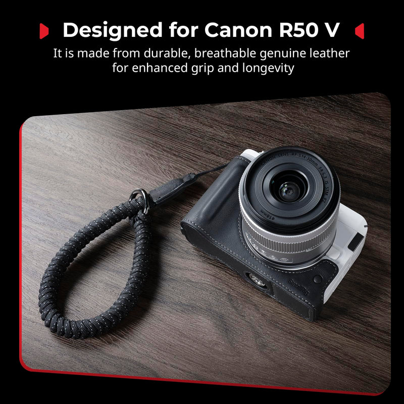 SMALLRIG Leather Half Case Kit for Canon R50 V with Half Genuine Leather Case and Woven Wrist Strap, Ergonomic Grip, Portable and Protecting (Black) - 5433 Black