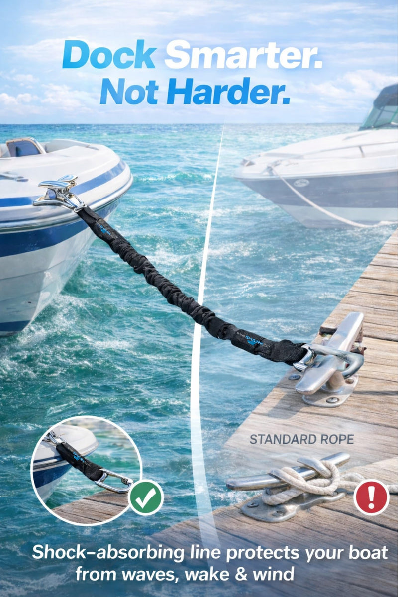 SandShark Premium Flat Bungee Dock Line – Stretches 4-7 FT - Boat & Jet Ski Dock Lines with Stainless Steel Carabiners – Shock Absorbing Mooring Rope for PWC, Boats & Pontoons. Neon Green 4-7ft 2 Pack