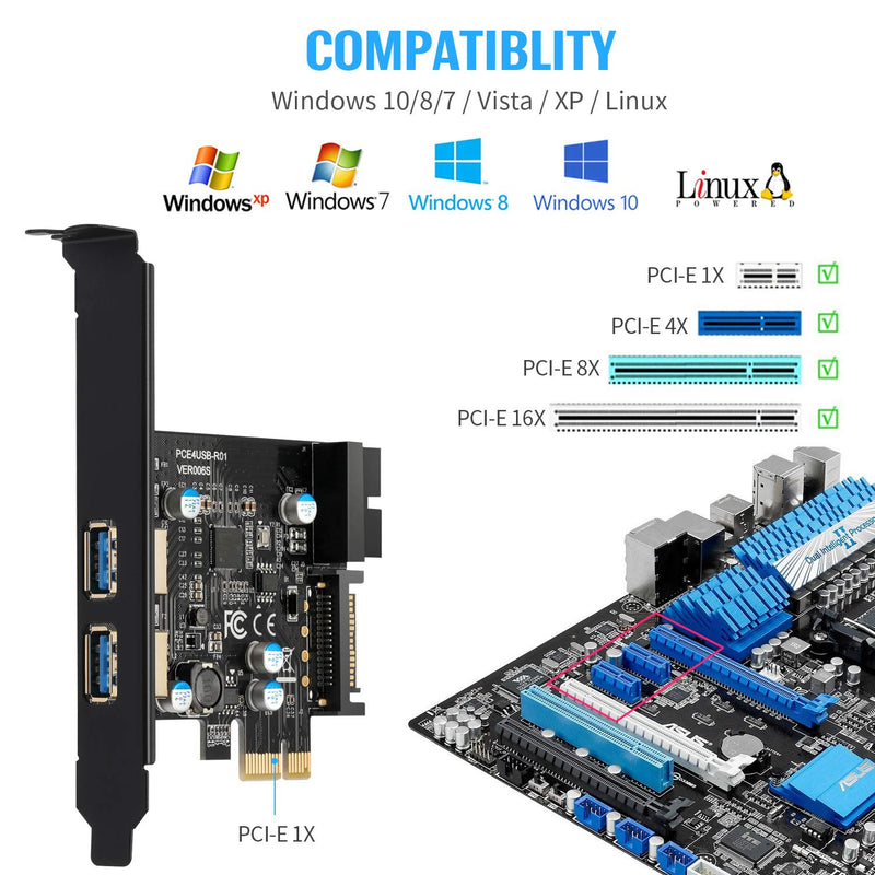 PCI-E USB 3.0 Card, PCI Express 1X 2 Ports with Internal 19 Pin USB 3.0 Connector Superspeed 5Gbps PCI-E USBIII Expansion Card Controller Adapter Support Windows 10/8 / 7 / XP Black-4USB