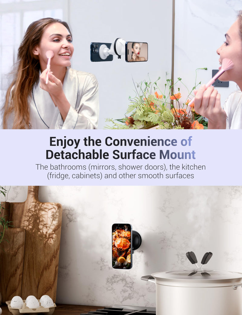 PROfezzion Multi-Surface Suction Mount Compatible with MagSafe iPhone 15 14 13 12 & All Phones, Detachable Hands-Free Phone Holder for Mirror, Glass, Bathroom, Kitchen, Selfies, Videos & More - White