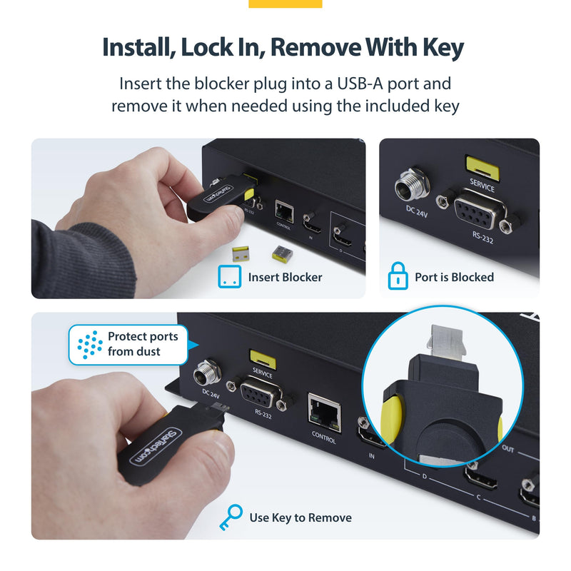 StarTech USB-A Port Blocker with 4X USB-A Cover Plugs (USB-A-Port-Blocker) | Snap-In Port Protectors for Laptops and Computers, Key, Latching, Dust