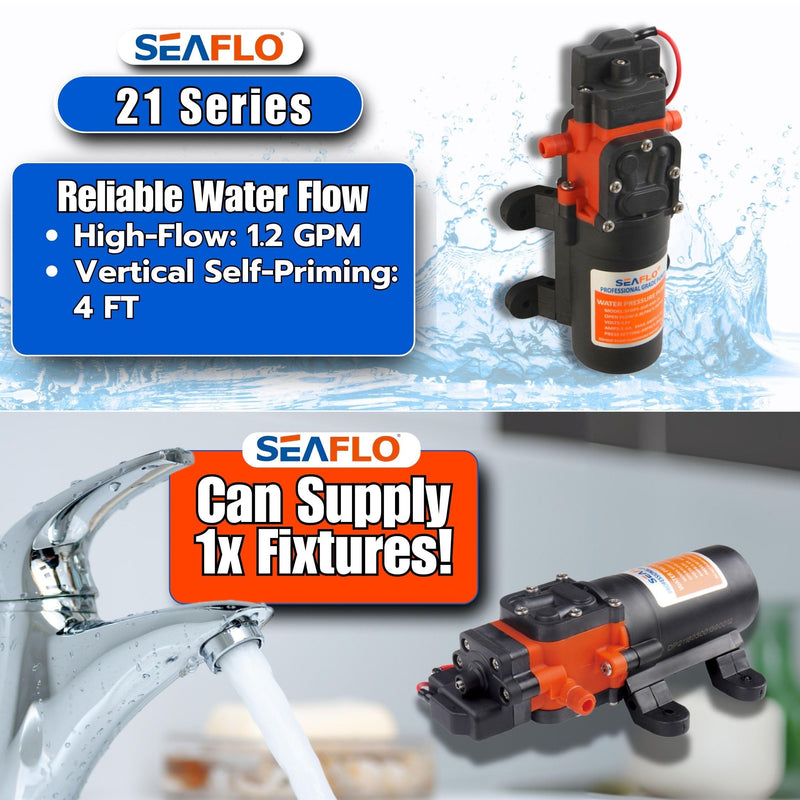 SEAFLO 21-Series Water Pressure Diaphragm Pump - 12V DC, 1.2 GPM, 35 PSI with Adjustable Pressure Switch, Self-Priming, Quiet Operation for RV, Boat, and Off-Grid Applications 1.2 GPM - 35 PSI