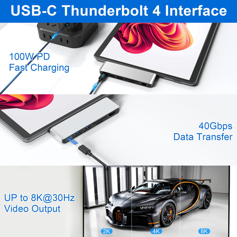Surface Pro 9 USB Hub Docking Station, Surface Pro 9 Accessories with 4K HDMI, USB-C Thunerbolt 4 (8K Video+Data+100W PD), 2 USB 3.0, SD/TF Card Slot, USB C Hub for Surface Pro 9/Pro X