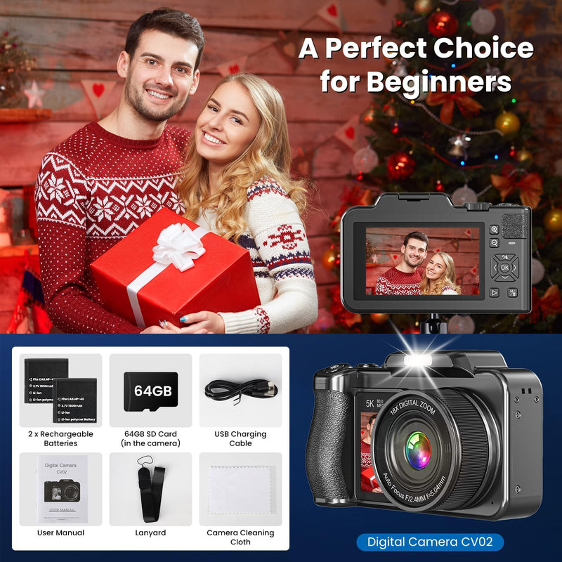 Digital Camera, 5K 80MP 3.5"+2" Dual Screen Cameras for Photography Autofocus, 18X Digital Zoom Vlogging Camera for YouTube, Travel, Beginners, Include 64GB Card and 2 Batteries, Black