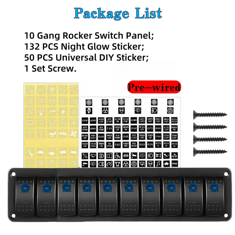 10 Gang Marine Rocker Switch Panel Waterproof, 12V 24V 5 Pin SPST Aluminum Boat Switch Control Panel LED Toggle Switch, ON Off Dash Switch Panel for Car RV ATV UTV Truck Campervan (Blue) Blue 10 Gang