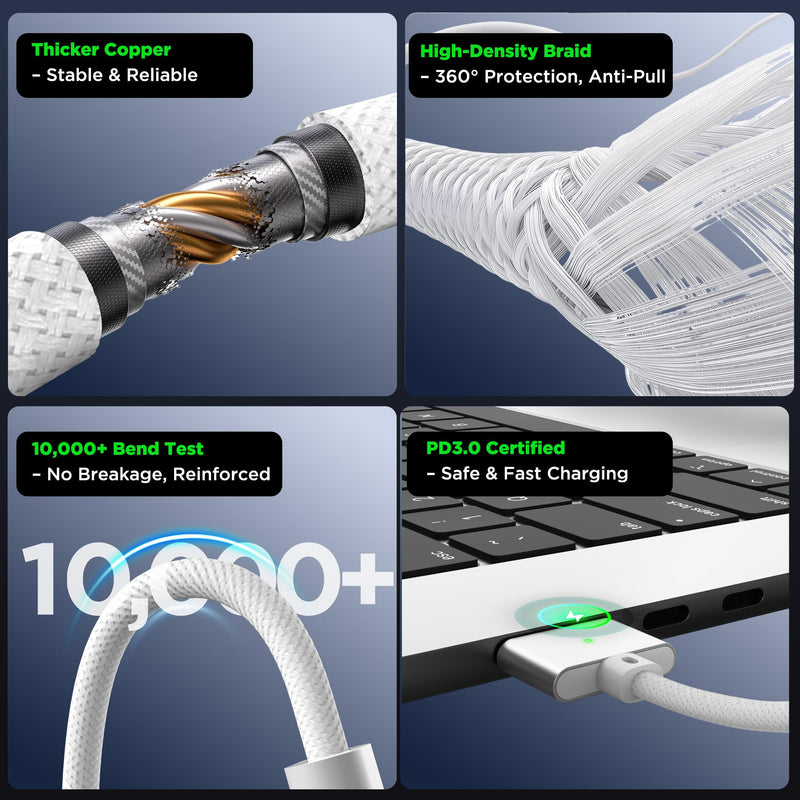 LUCMO 140W Magnetic 3 Cable 10 FT for M5/M4/M3/M2 MacBook Air Pro Charger, Fast Charging USB C Cord for MacBook Air (13"/15" 2026/2025/2024/2023/2022), Pro (16"/14" 2026/2025/2024/2023/2021), White