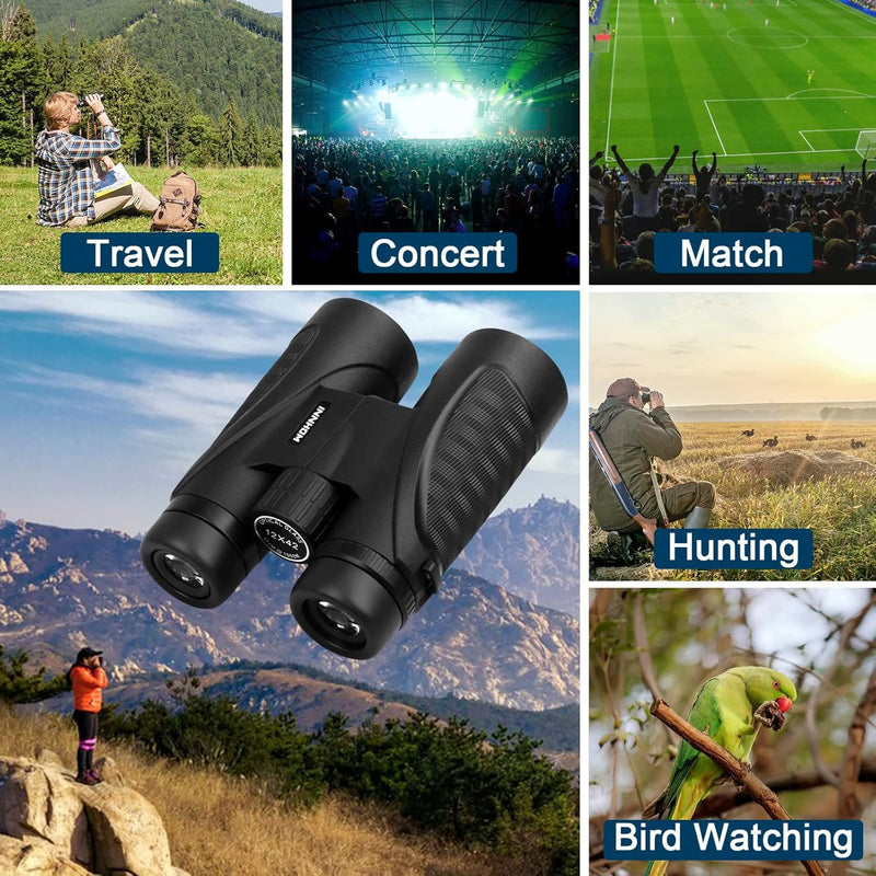 12x42 HD Waterproof Binoculars for Adults, Compact Binocular for Bird Watching (Black) | High Powered Binoculars BAK4 Prism FMC Lens, Binoculars for Hunting, Bird Watching, Travel Sports World Cup Games, Black