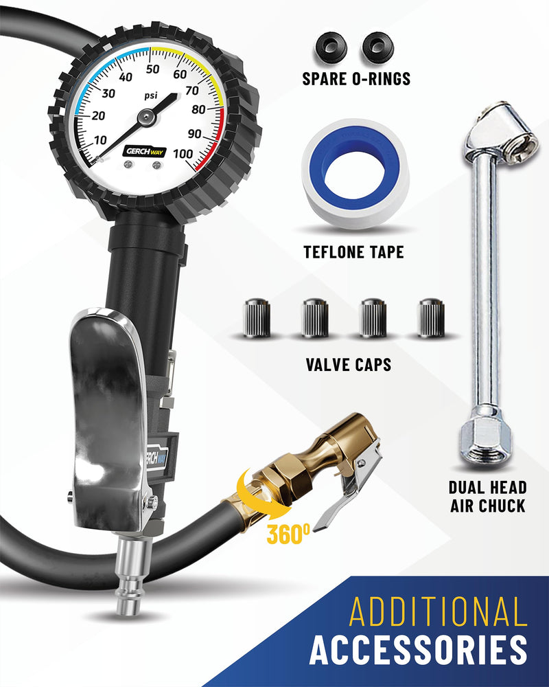 Tire Inflator with Pressure Gauge and Longer Hose - Most Accurate, Heavy Duty Air Chuck with Gauge for Air Compressor Tire Inflator Attachment - 100PSI 100 psi Classic style