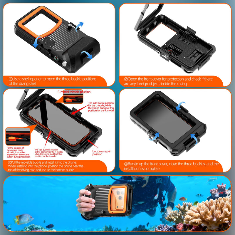 iPhone Underwater Housing, 50ft/15m, Gen 2s, Black Orange | A vacuum valve and physical shutter support secure diving; the 1/4in tripod mount expands filming options. Gen 2S -for iPhone