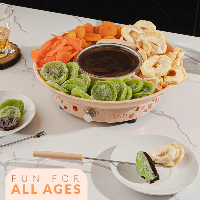 Kusini Fondue Pot Electric Set – 10-oz Chocolate Fondue kit - Temperature Control, Detachable Serving Tray, 4 Forks – Hostess Gift Ideas, Unique Housewarming Gift Set – Birthday Party Ideas Fondue Print