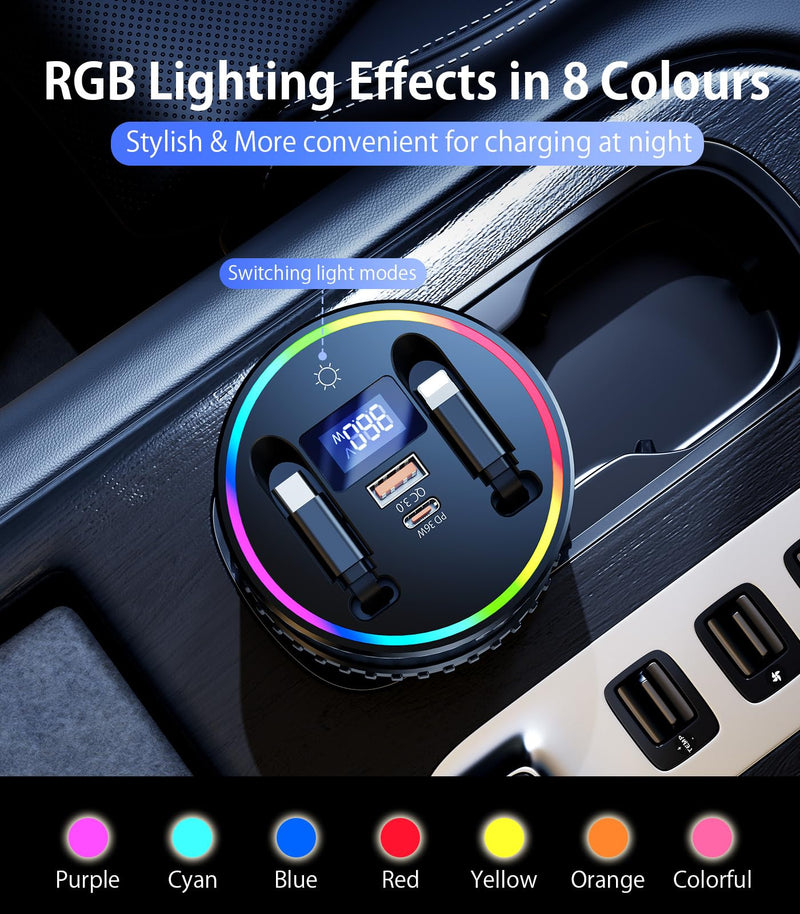 Retractable Car Charger USB Hub with RGB Light, 4 Port Car Charging Station Cigarette Lighter Adapter, Travel Essentials Car Accessories Gadgets for Men Gifts for iPhone 17 16 15 14 13 Pro Max
