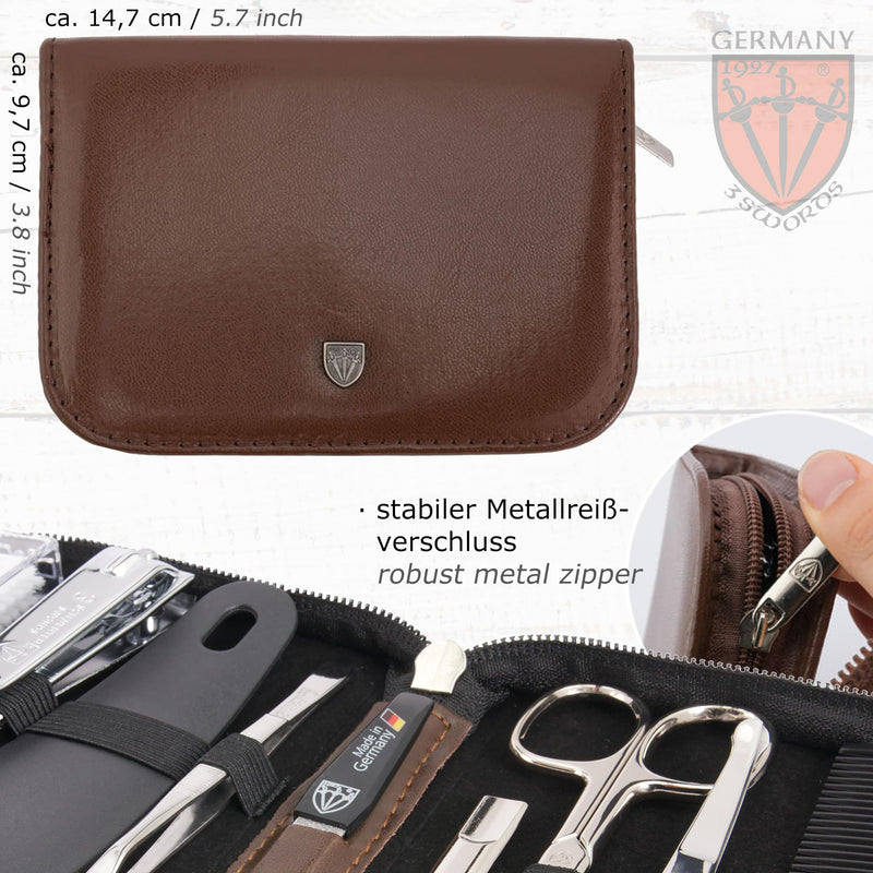 3 Swords Germany - brand quality 10 piece manicure pedicure grooming kit set for professional finger & toe nail care tweezers file clipper fashion leather case in gift box, Made by 3 Swords (01610) BROWN