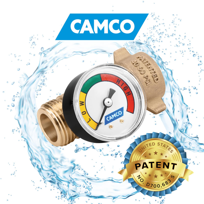 Camco Brass Water Pressure Regulator with Gauge- Helps Protect RV Plumbing and Hoses from High-Pressure City Water - Easy Read Gauge (40064) Water Pressure Regulator w/Gauge