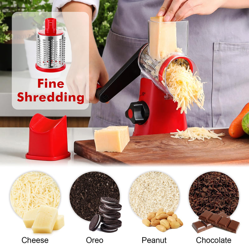Cheese Grater Rotary, Rotary Grater for Kitchen, Kitchen Grater Vegetable Slicer with 3 Drum Blades, Fast Cutting Cheese Shredder for Vegetables and Nuts Red 3 BLADES
