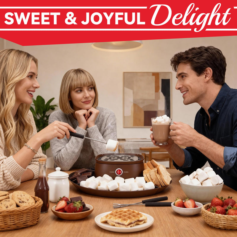 SugarWhisk 2 in 1 Electric Smore Maker & Fondue Set, Marshmallow Roaster with 4 Forks, Indoor Smores Kit for Kids & Couples, Cheese & Chocolate Fondue Pot, 4 Detachable Trays, Brown