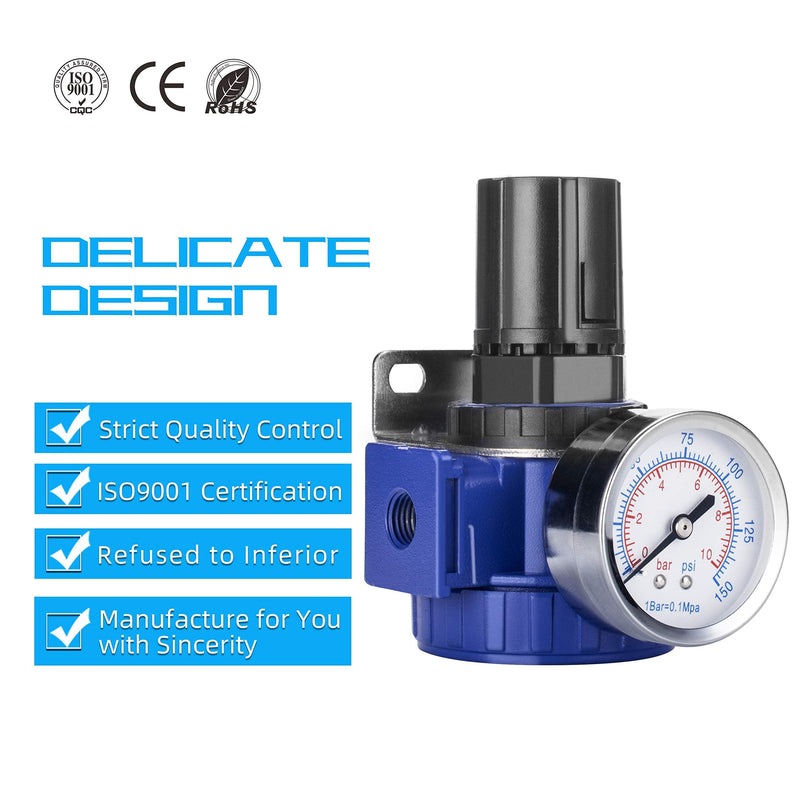 NANPU 1/2" NPT Compressed Air Regulator, Zinc Alloy Body, 150 psi Copper Core Steel-Protected Dial Gauge ＆ Metal Bracket, for Air Compressor ＆ Pneumatic Tools