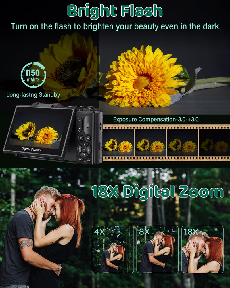 Digital Camera 5K WiFi Cameras for Photography 75MP UHD Autofocus Vlogging | 5K 75MP WiFi Camera for YouTube, Compact Travel Video Camara Beginner, 3" 180° Flip Screen, 18X Zoom, Memory Card, Batteries Black