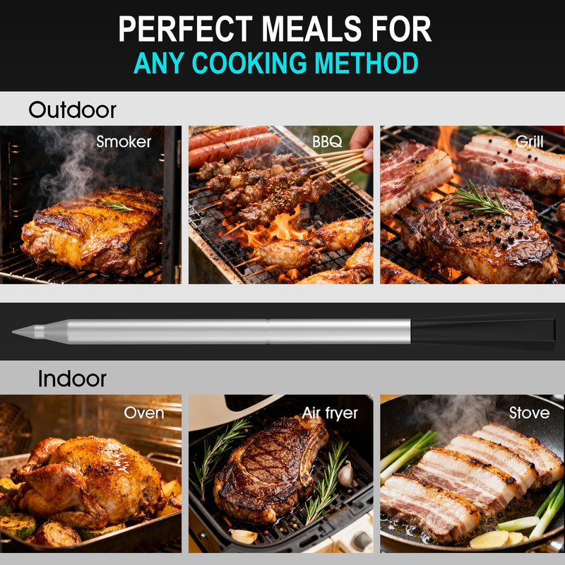 Wireless Meat Thermometer Bluetooth Digital, Smart Meat Thermometer Digital with IP67 Waterproof Probe ±1.8°F Accuracy, Rechargeable Thermometer for Grill, Smoker & BBQ Black