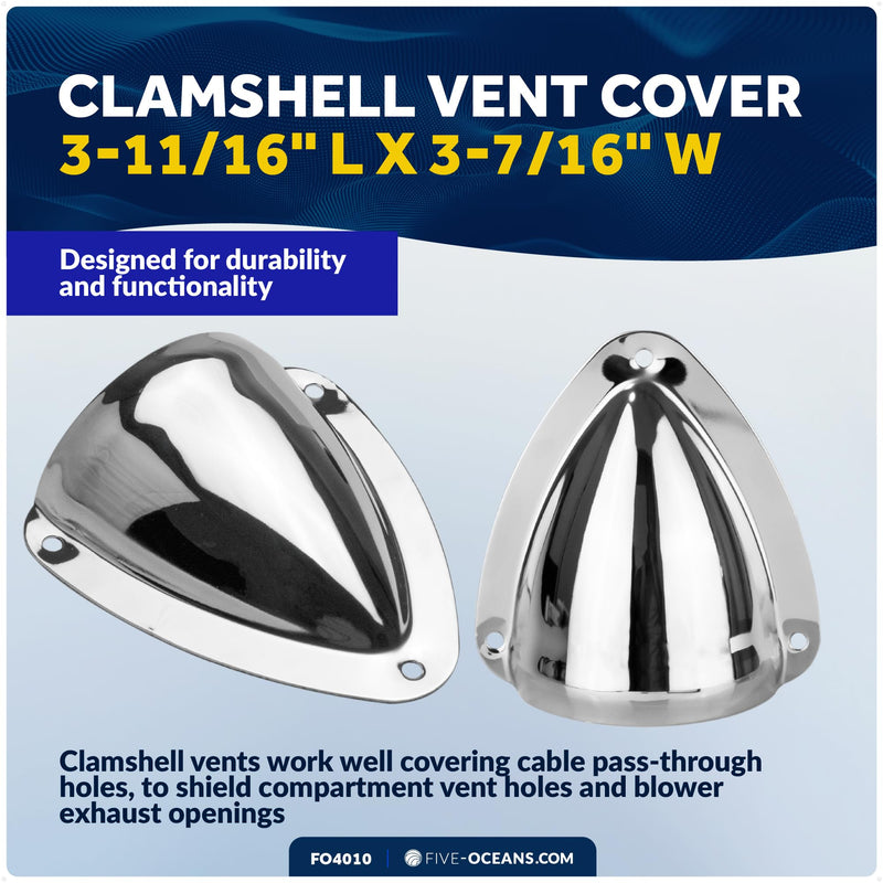 Five Oceans 316 Stainless Steel Clamshell Vent Cover, 1-Inch H x 2-1/2-Inch W Opening, 3-11/16-Inch L x 3-7/16-Inch W Base, Marine Wire Cover - FO4010 1-Pack