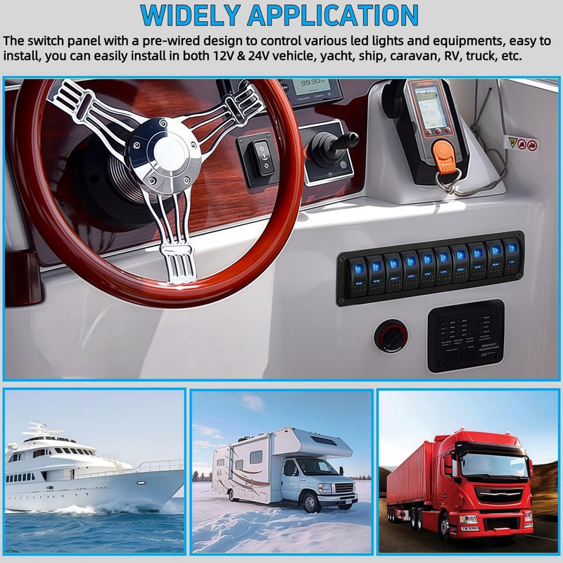 10 Gang Marine Rocker Switch Panel Waterproof, 12V 24V 5 Pin SPST Aluminum Boat Switch Control Panel LED Toggle Switch, ON Off Dash Switch Panel for Car RV ATV UTV Truck Campervan (Blue) Blue 10 Gang