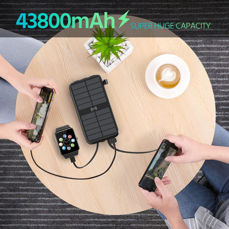 superallure Solar Charger, Power Bank, Portable Charger,43800mAh QC3.0 Fast Charger Qi 10W Wireless Charger 4 Solar Panel Built-in 2 Kinds Output Cable and 680Lumen flashlights Black