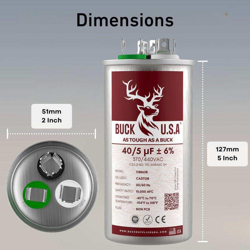Buck 40+5uF 40/5 MFD ±6% CBB65B Dual Run Round Start Capacitor - Ideal for HVAC Systems, Air Conditioner Unit Fan Motor Start, Heat Pump, & Condenser Straight Cool Applications 370/440VAC 50/60Hz 40+5 µF 1