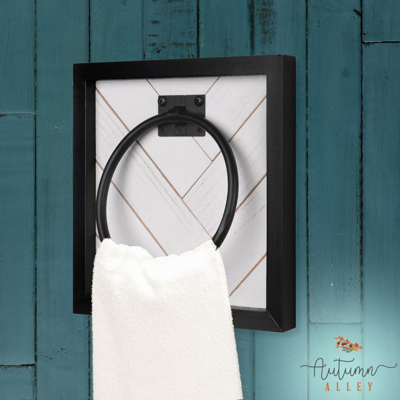 Autumn Alley Farmhouse Decor Hand Towel Ring for Bathroom - Rustic Hand Towel Holder - Rustic Towel Rack Ring Holder, Wall Mounted, Bathroom Decor Towels with Unique Shiplap, Black Ring, Wood, White