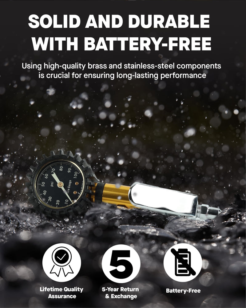 Vondior Tire Inflator with Pressure Gauge(0-100 PSI) - ANSI B40.1 Accurate, Large 2" Glow Dial, Premium Braided Hose, Durable Rubber Hose, Perfect for Any Car, Truck, Motorcycle, RV Analog 0-100 PSI