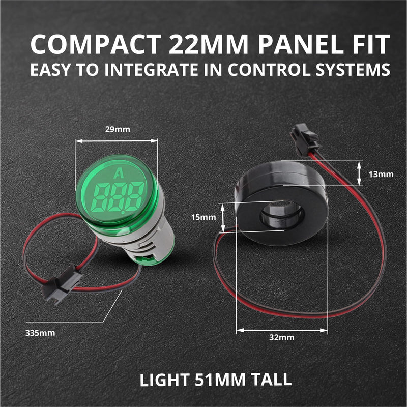Digital Led Display Indicator Ammeter, 0-100A Max AC380 Current Meter and 220V - Gauge Meter, Tester Amp Monitor - AD101-22AM Model, Circle Panel, Green (3 Pack) 3