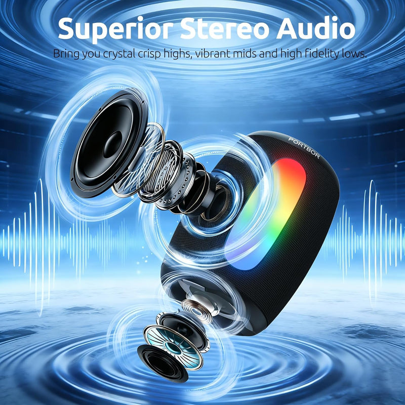 Portable Bluetooth Speaker, School Supplies: Powerful Stereo Sound, 36H Playtime/IPX5 Waterproof/8 Light Modes/Wireless BT5.3/TWS Pairing, for Outdoor/Beach/Camping/Travel/Party/Home, Birthday Gifts Black