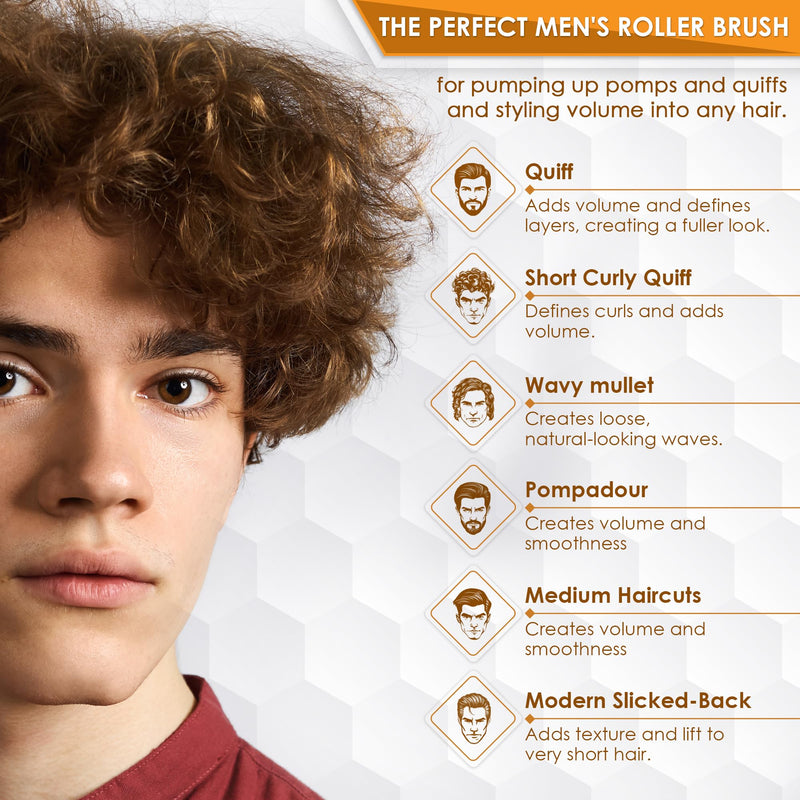 Kobe Professional Small Round Hair Brush and Quiff Roller for Men | 15mm 8-Row Double Bristles | Comfort Ball-Tipped Pins, Non-Slip Rubber Grip, Anti-Static Volumising Styling Tool Barber Supplies Red