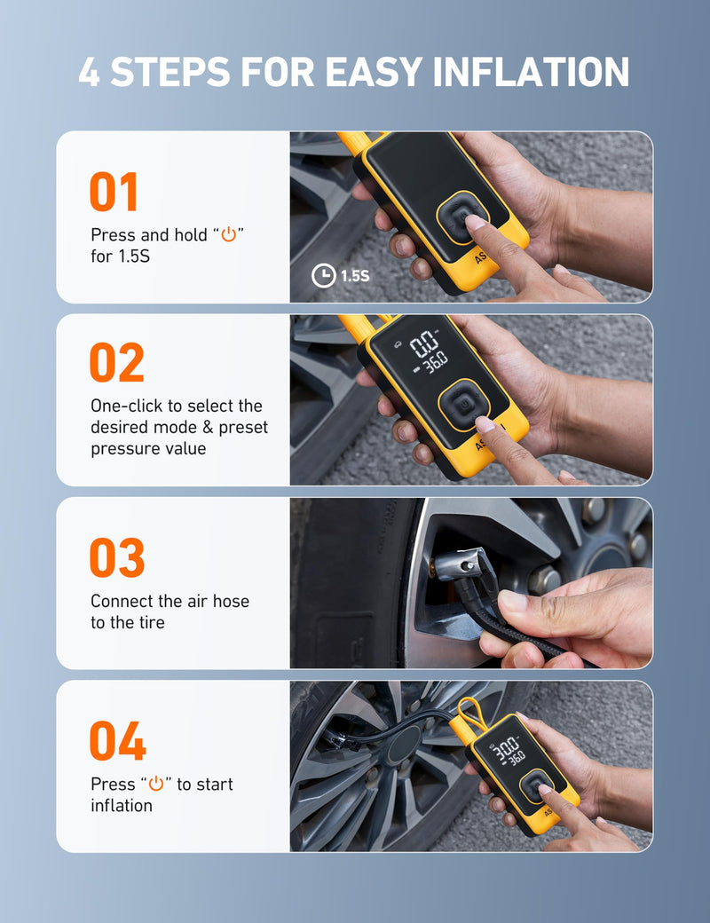 AstroAI L7 Air Tire Inflator Portable Air Compressor, 150PSI Electric Cordless Car Pump with Fast 1-min Inflation, Auto Shutoff, LED Light – Rechargeable for Car, SUV, Motorcycle, Bike Tires, Yellow