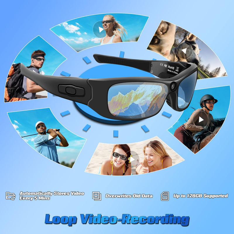 Camera Glasses with Bluetooth,Smart Sunglasses Camera 1080P,Sport Action Video Cameras,Video Glasses for Men with Earphone,Wearable Cam with Polarized Lens for Outdoor Sports,Cycling,Hiking(No Audio)