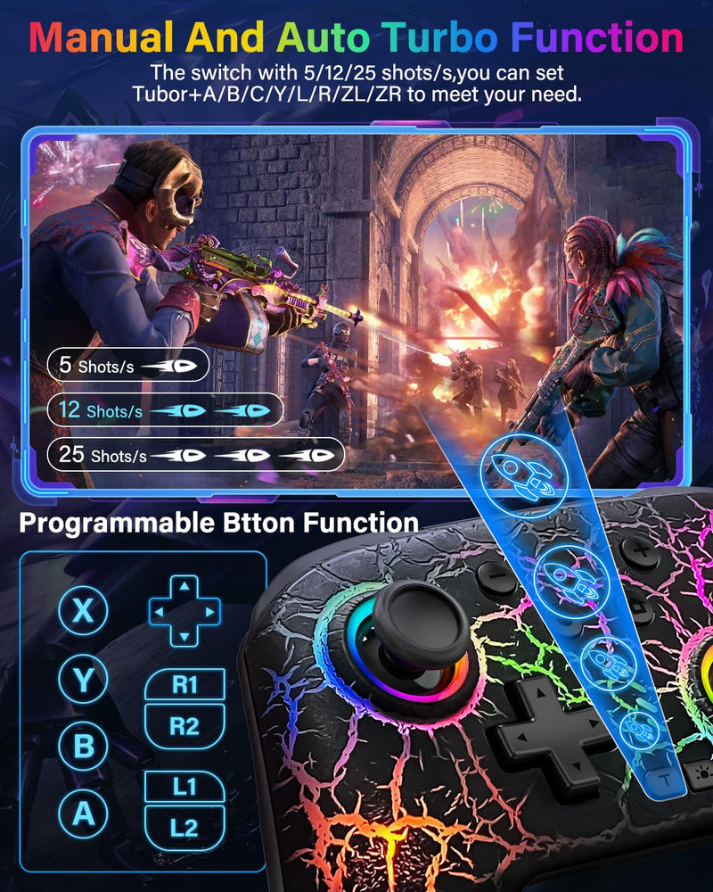 Switch Controller Compatible with Nintendo Switch/Switch Lite/OLED/PC | Programmable Wireless Switch Controller with 10 LED Light, 6-Axis Motion, Turbo, Vibration, One-Key Wake Up & Pairing, Flame
