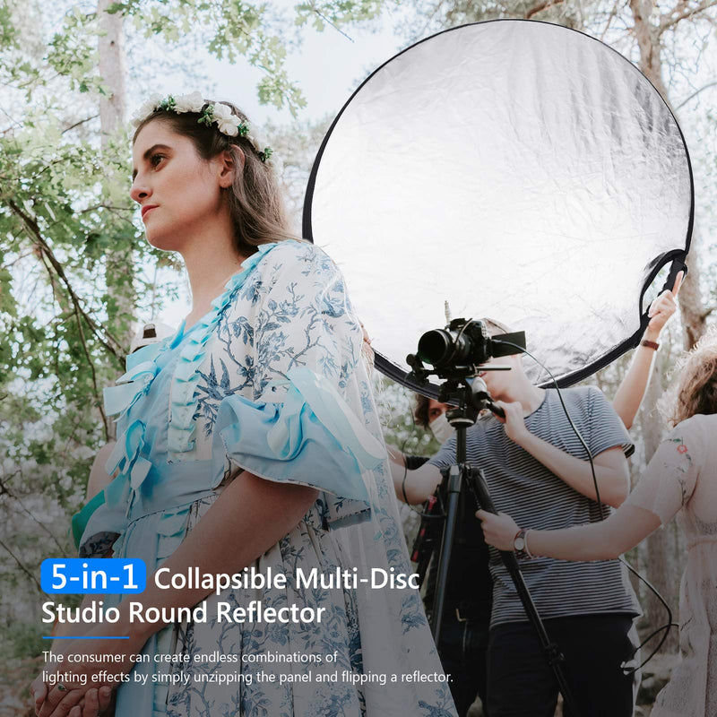 Neewer 5-in-1 Portable Round 43 in/110cm Light Reflector Collapsible Multi-Disc with Single Grip and Bag for Studio Photography Lighting and Outdoor Lighting - Gold/Silver/White/Black/Translucent