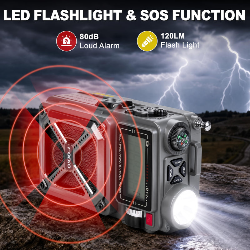 RunningSnail Solar Hand Crank Emergency Radio, NOAA Weather Alert, AM/FM/SW | Digital Tuning,Bluetooth Speaker,TF Playback,Flashlight,Compass,SOS,4000mAh,Thermal Blanket,USB-C Charging,for Emergencies Grey