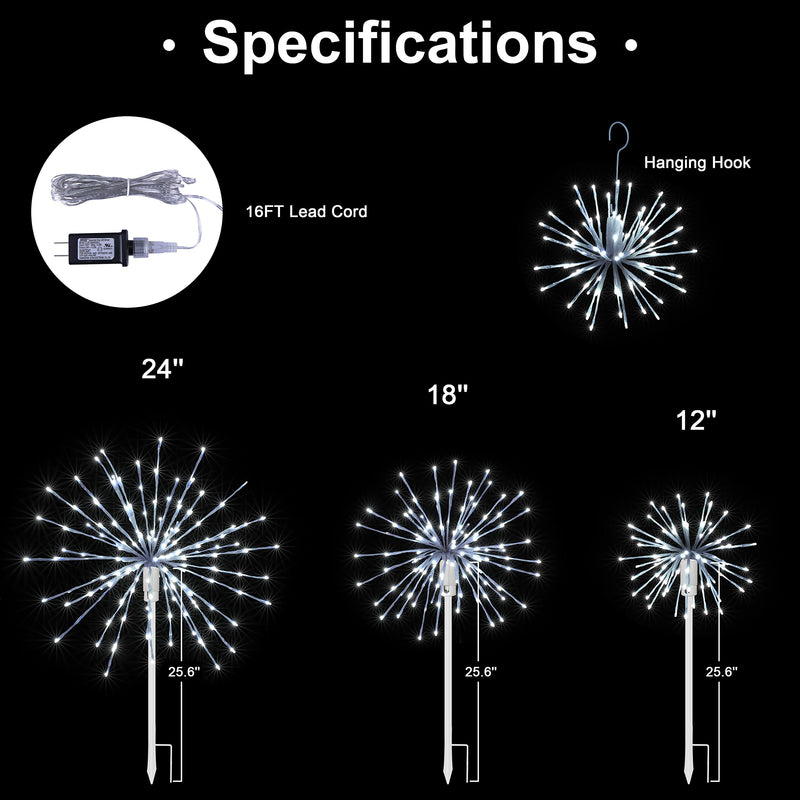 LIGHTSHARE 12'' Starburst Light 80 LED Firework Lights White Twinkle Hanging Ball Dual-use for Patio Walkway Pathway Decoration Indoor/Outdoor 12IN-White Frame