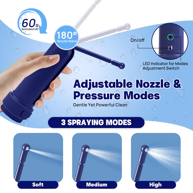 Portable Bidet for Travel with 180ml Bottle and Universal Adapter, 800mAh Battery for Upto 150 Uses on Full Charge with USB-C Cable, IPX7 Leakproof, 3 Pressure Modes Electric Travel Bidet
