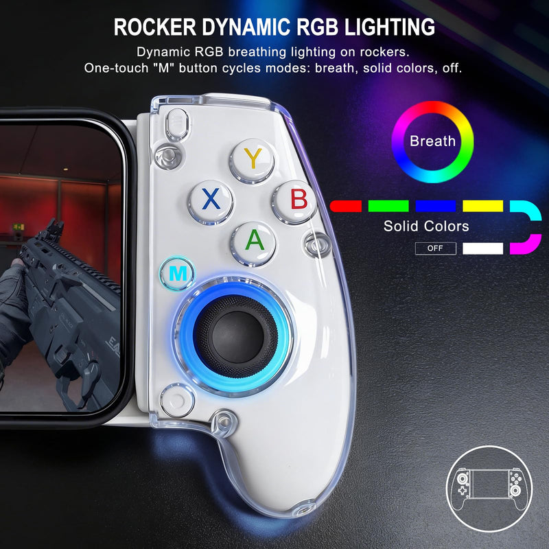Joso Phone Controller for iPhone (All Model) & Android, Enhanced Grip, Case-Friendly Wireless Mobile Gaming Controller with 7 Color Lights, Turbo, 6-Axis, Dual Vibration